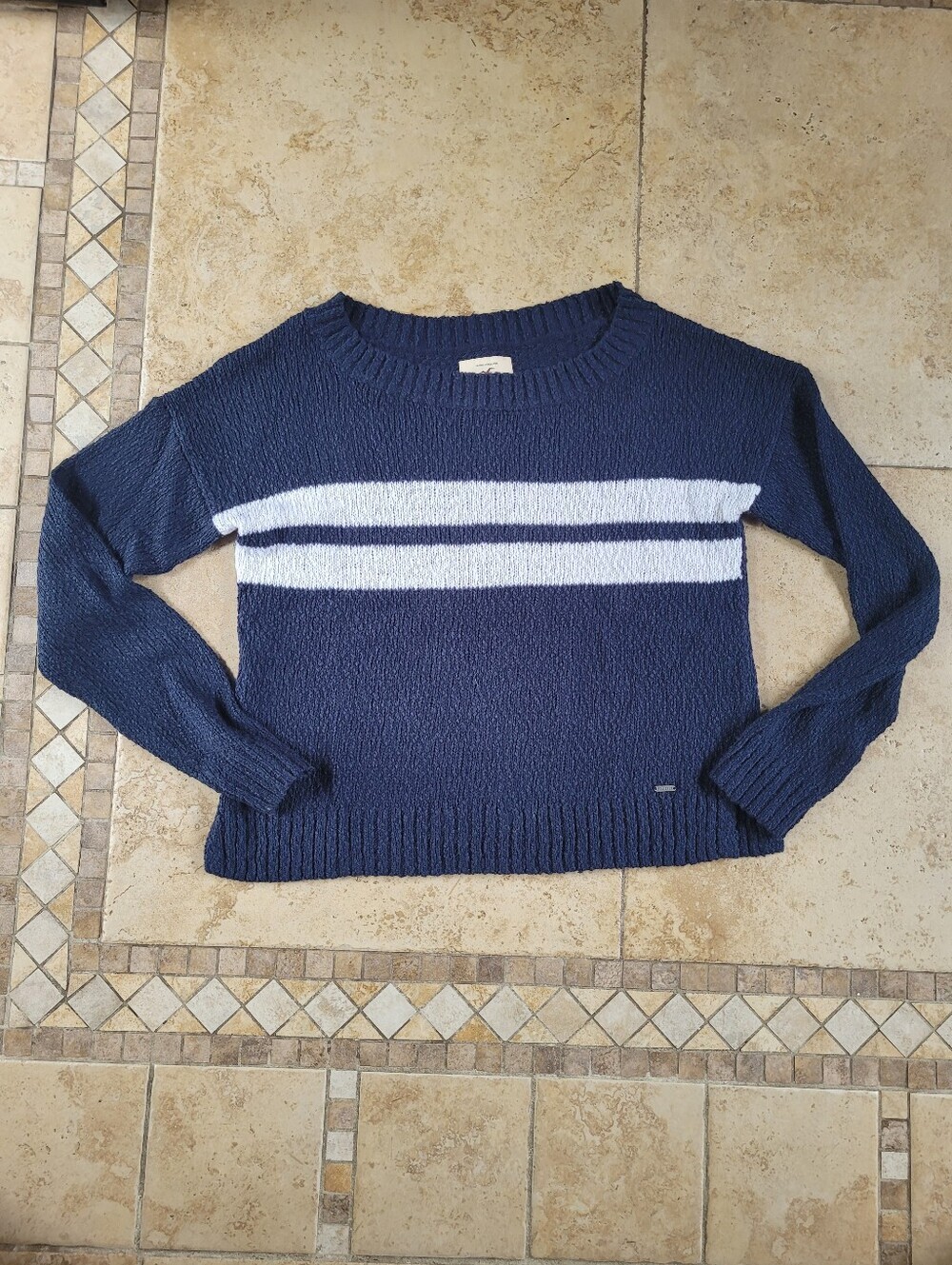 Hollister Navy Blue Crewneck Sweater with White Stripes